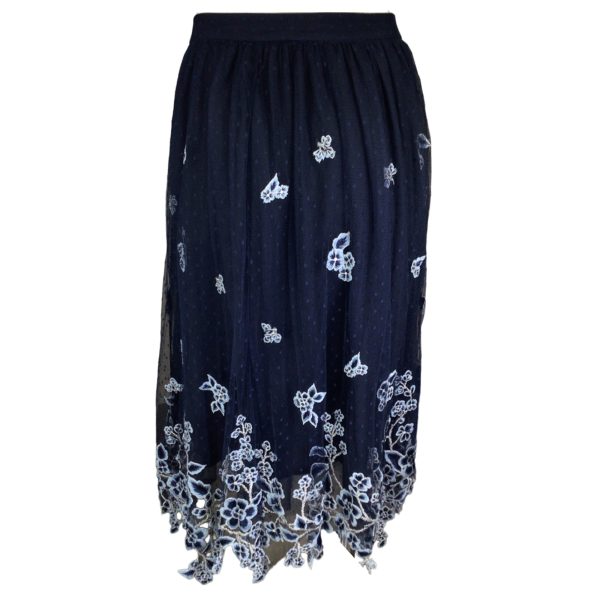 Biyan Navy Blue Floral Embroidered Mesh Tulle Midi Skirt on Sale