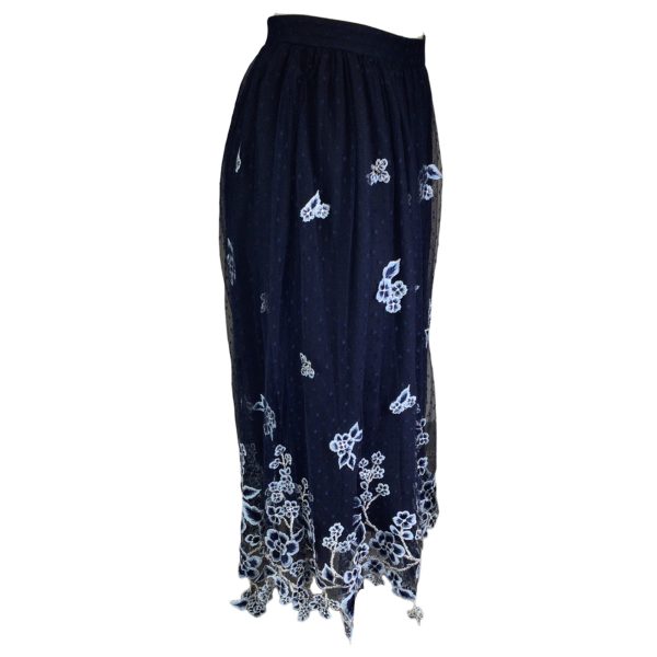 Biyan Navy Blue Floral Embroidered Mesh Tulle Midi Skirt on Sale