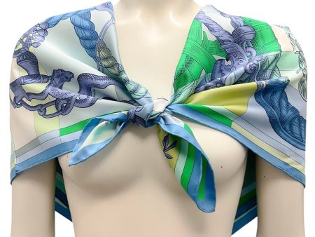 Hermes Blue   Green Multi Della Cavalleria Print Square Silk Twill Scarf For Sale