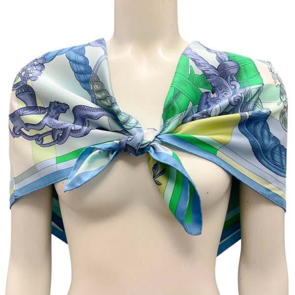 Hermes Blue   Green Multi Della Cavalleria Print Square Silk Twill Scarf For Sale